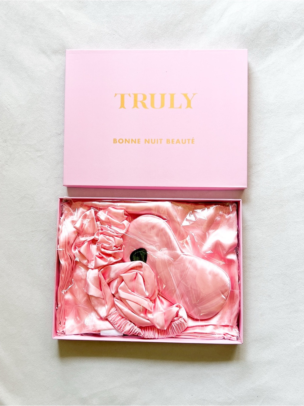 TRULY Pink Satin Sleep Mask, Headband, Scrunchie, & Pillowcase Set